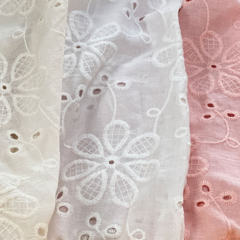 Flower Stitch Embroidered Cotton White
