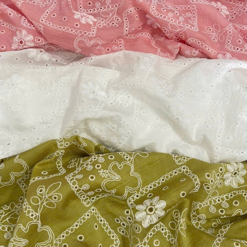 Flower Box Embroidered Cotton Golden Green