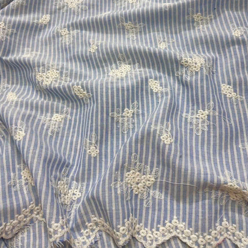 Madeleine Striped Embroidered Cotton Light Chambray