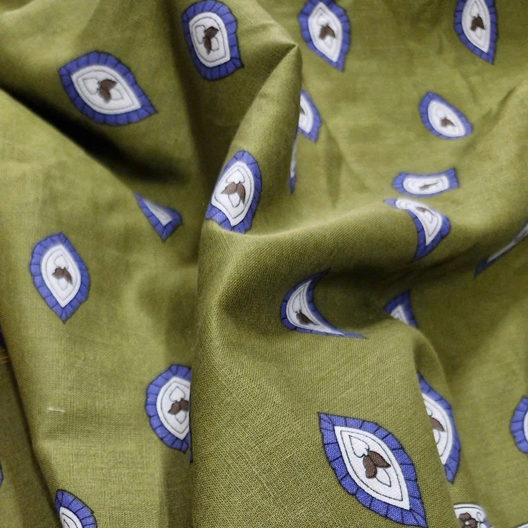 Khaki Icon Border Print Medium Weight Linen