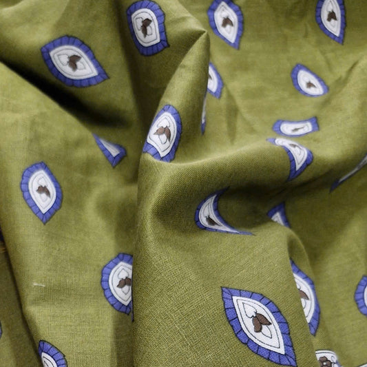 Khaki Icon Border Print Medium Weight Linen