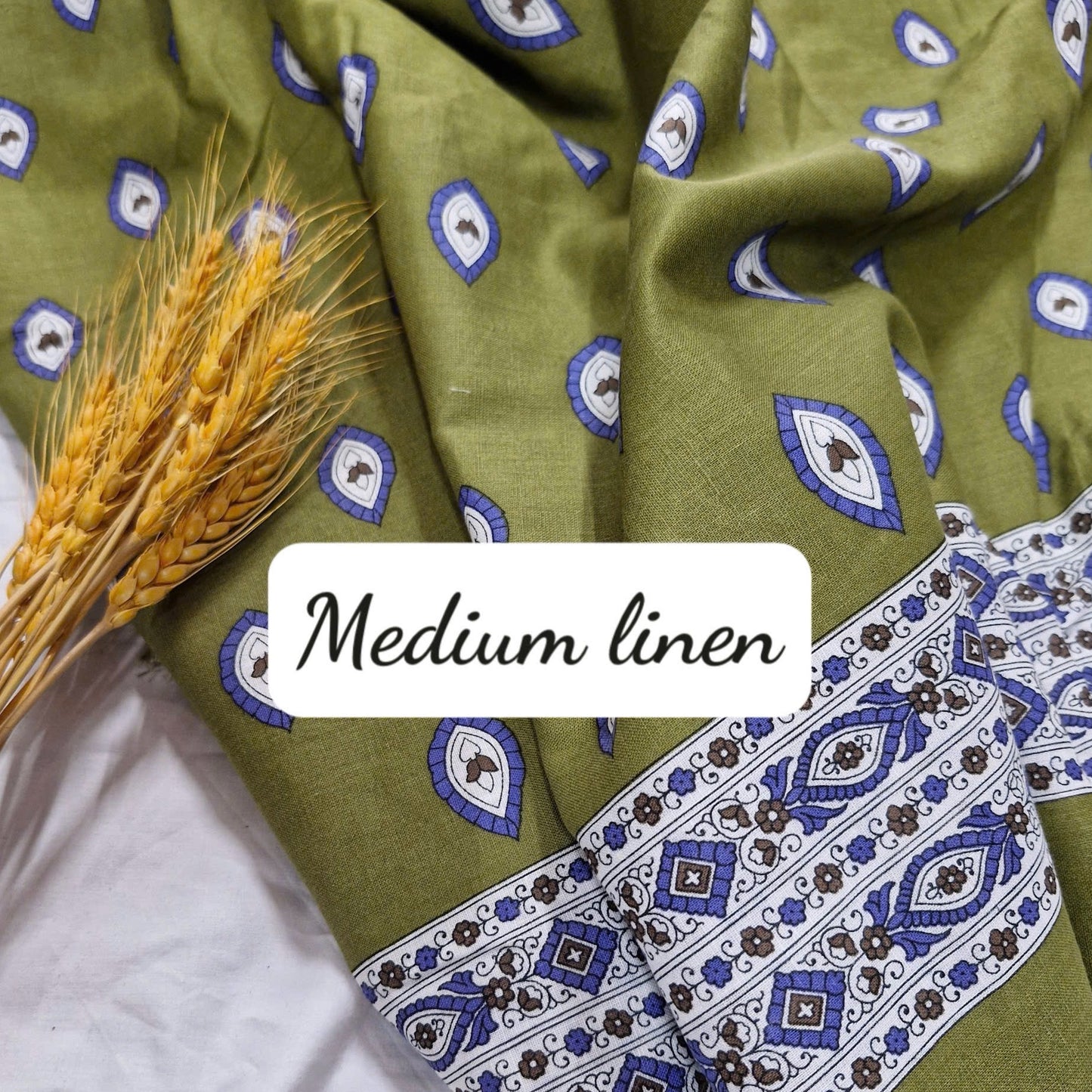 Khaki Icon Border Print Medium Weight Linen