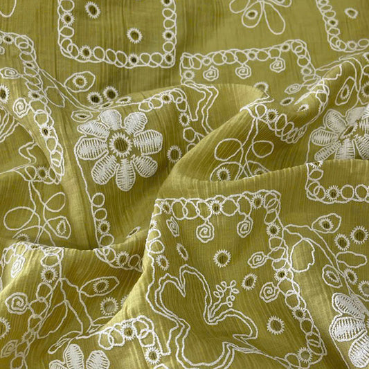 Flower Box Embroidered Cotton Golden Green